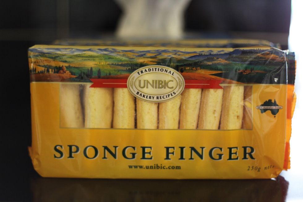 Gather up all your ingredients as it will be a lot easier to work with. 500 grams (2 packets) of sponge fingers. These are usually used to make Tiramisu.