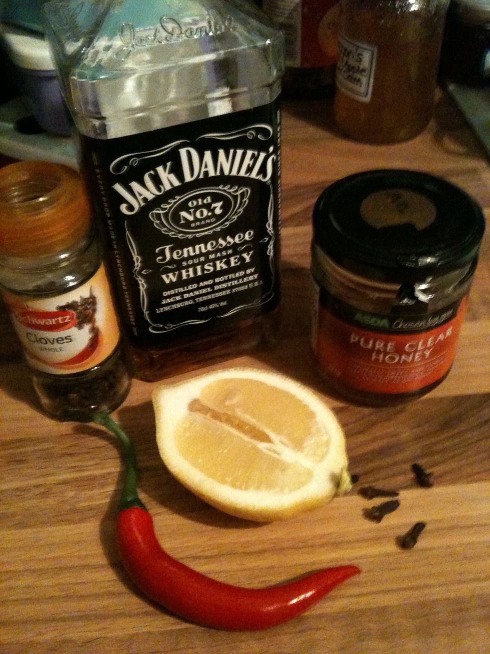 Gather up your supplies, most of these things you'll probably have in your cupboards/ fridge already. I used Jack Daniels, but you can use whatever you want!