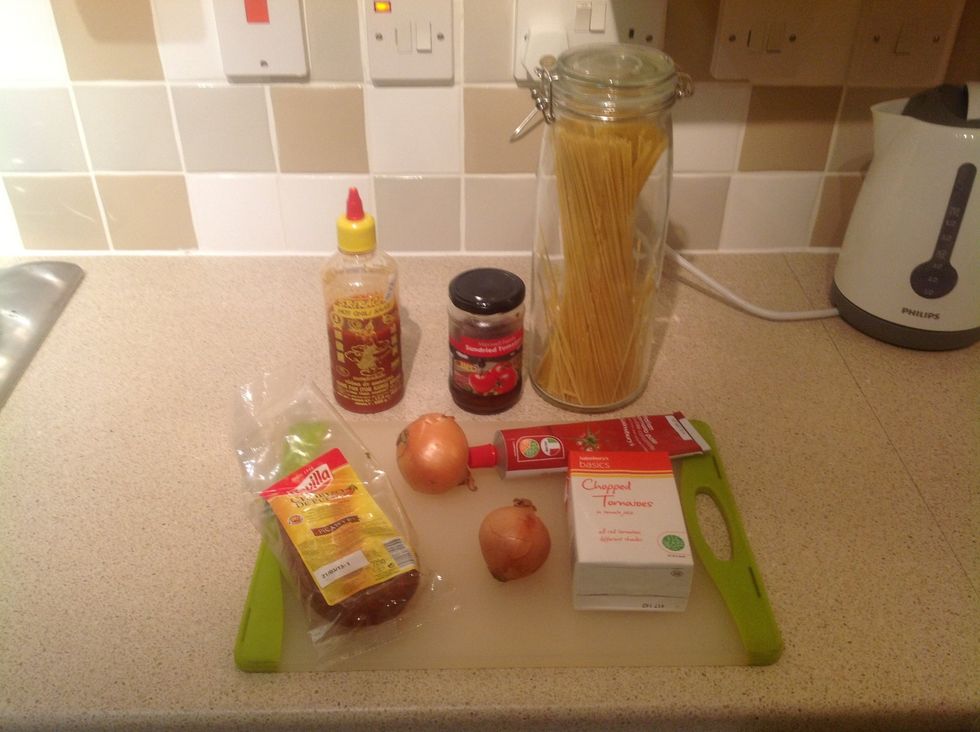 Gather your base ingredients. I like to add whatever I have around to make the recipe a bit different. This time I used sriracha sauce for extra kick and sun-dried tomatoes.