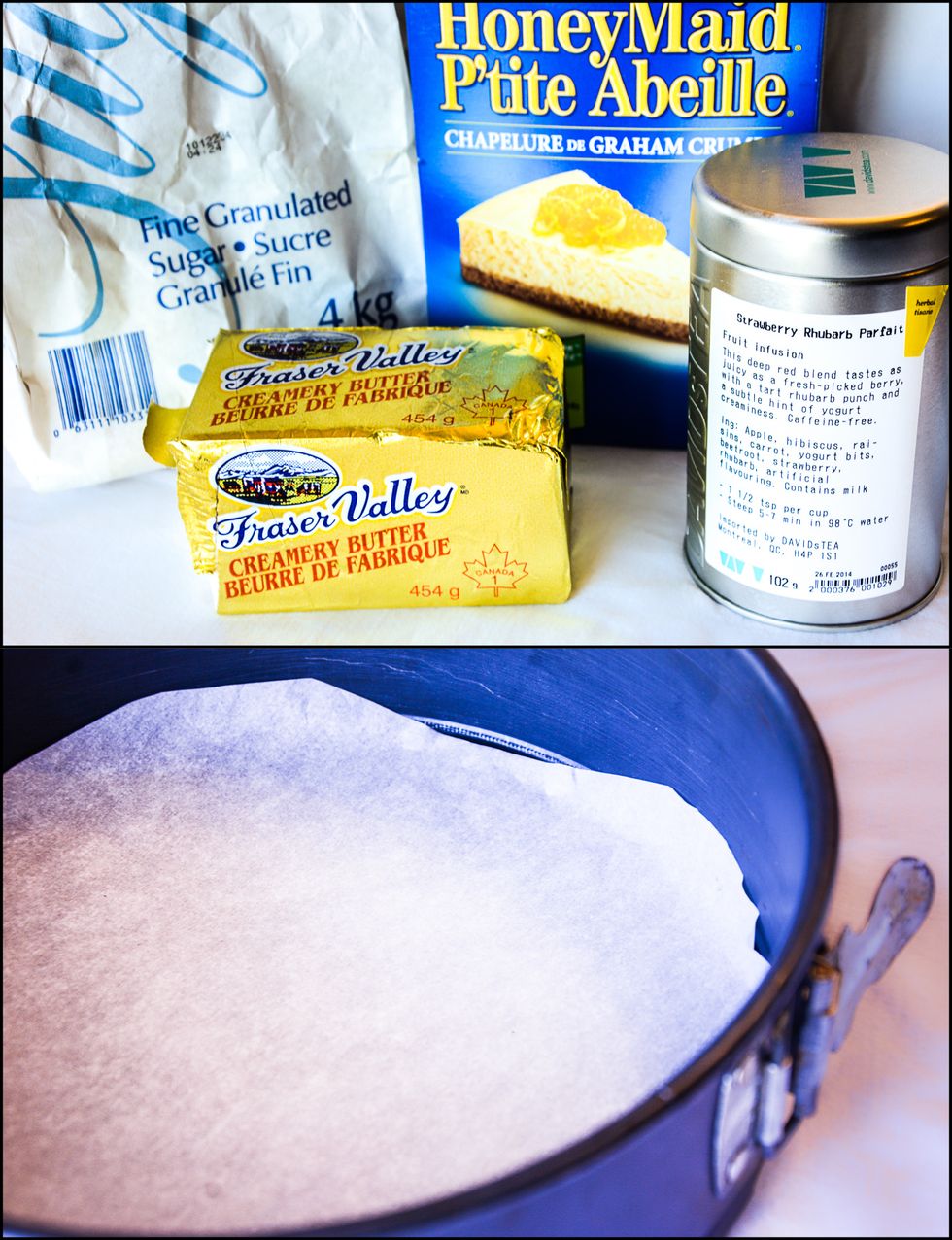 Gather your crust ingredients: 2 tblspns DAVIDsTEA "Strawberry Rhubarb Parfait", graham crumbs, sugar & butter. Cut a circular piece of baking paper and put it in the bottom of a 9" spring foam pan.