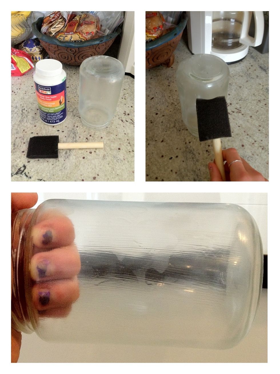 Gather your decoupage glue and paintbrush. Apply a very thin layer to the outside of your jar. When dry, the jar should be cloudy.