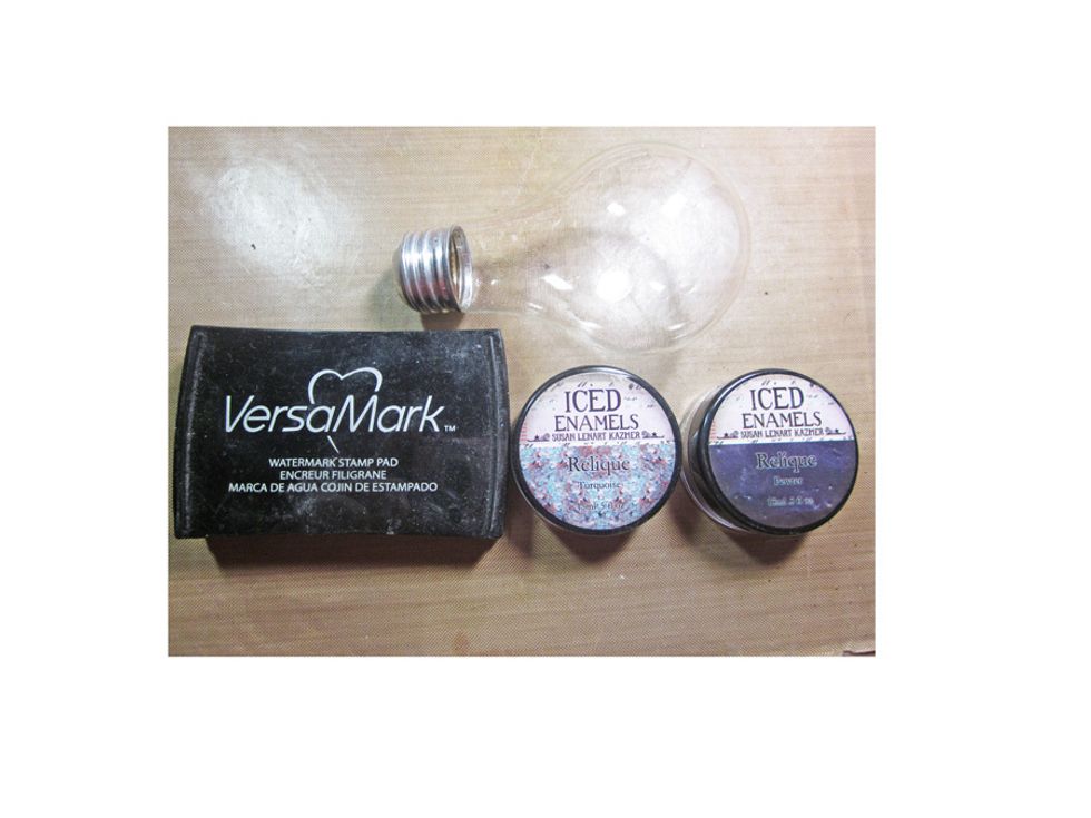 Gather your embossing powders together. I used a mix of pewter and turquoise Relique powders from Ice Enamels.