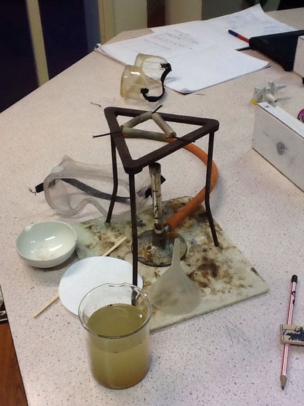 Gather your equipment. You will need a Bunsen burner, a tripod, goggle, funnel, splint, sea water, evaporating basin, lighter, beaker and a filter.