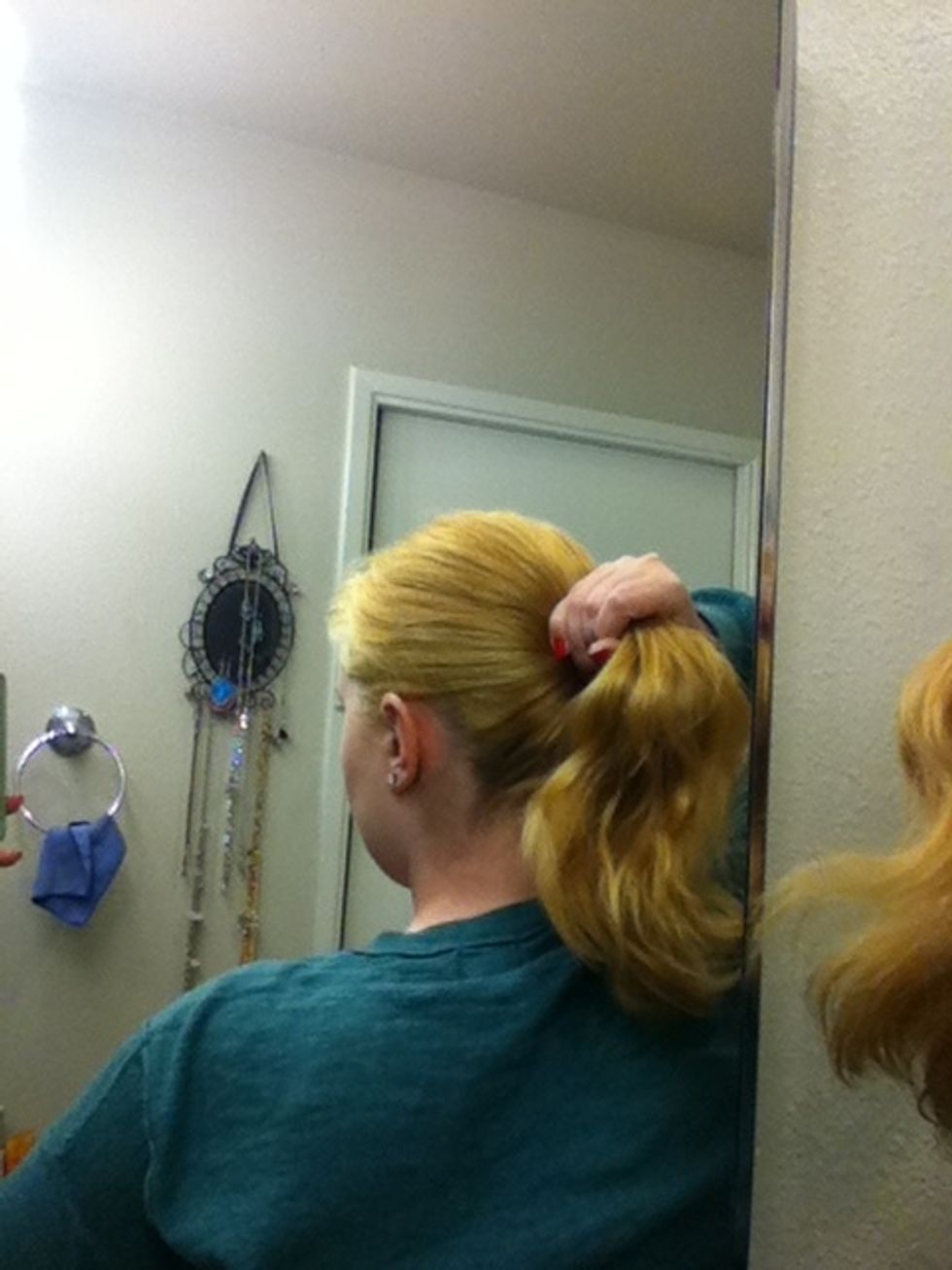 Gather your hair into a pony tail, use a brush if you need. You can then secure your pony with one hairline of you'd like. I did not use a hair tie for this section though but I'd suggest it for ease.