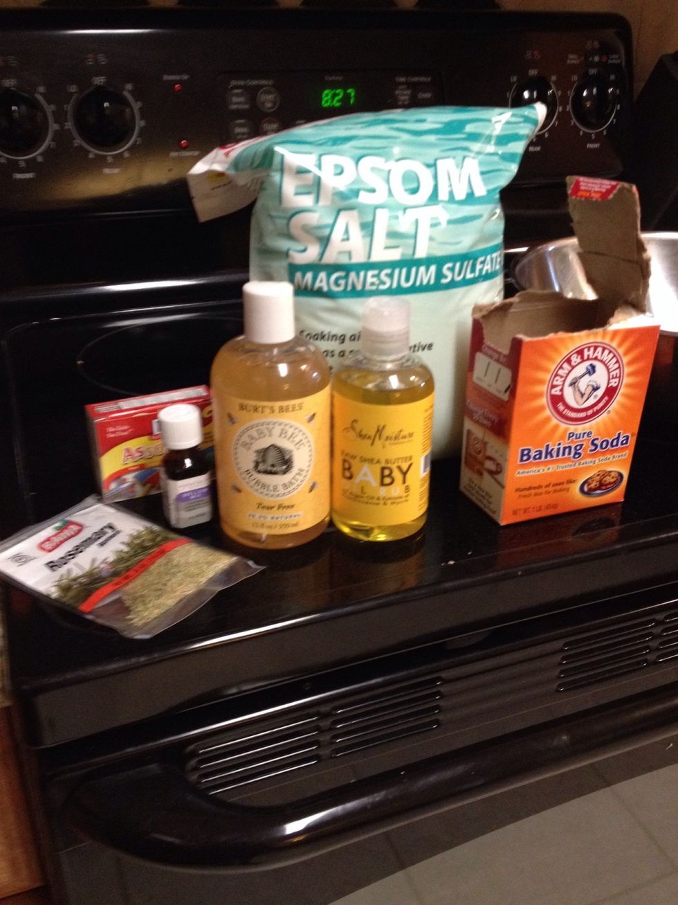 Gather your ingredients and get ready to make a big batch of lavender rosemary bath salts! Let me warn you now, your house is going to explode with the relaxing scents while it dries overnight. \ud83d\ude0a