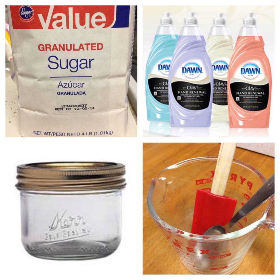 Gather your ingredients and tools. Buy a 4lb bag of sugar and you'll have some left over. One bottle of the Dawn will make exactly 8 jars of the scrub. I used the Kerr 8oz(1/2pint) wide-mouth jars.