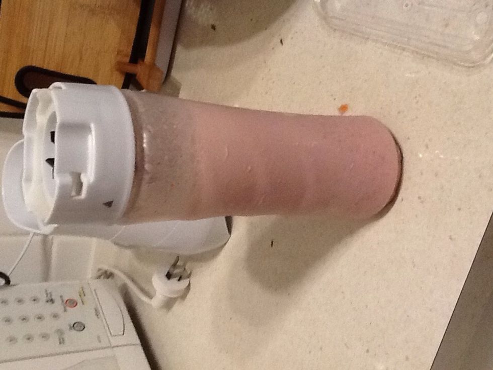 Gather your ingredients for the pink one: hiney, milk, strawberries and ricotta.