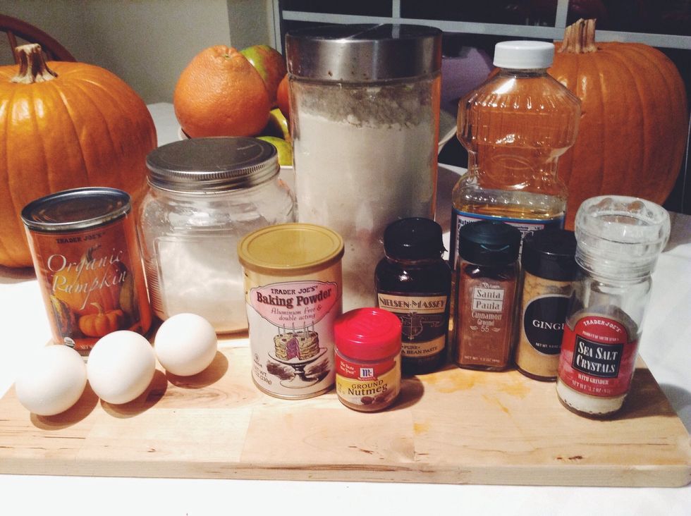 Gather your ingredients. I did not have pumpkin pie spice so in place I used 3/4 teaspoon ground cinnamon plus heaping 1/4 teaspoon each ground nutmeg and ground ginger.