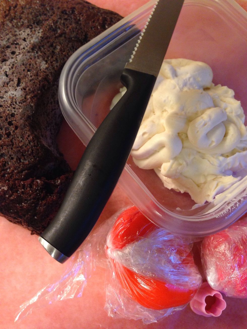 Gather your ingredients. I had some left over cake from another project so I just used that since I wanted a small cake. You could also bake a fresh cake to use.