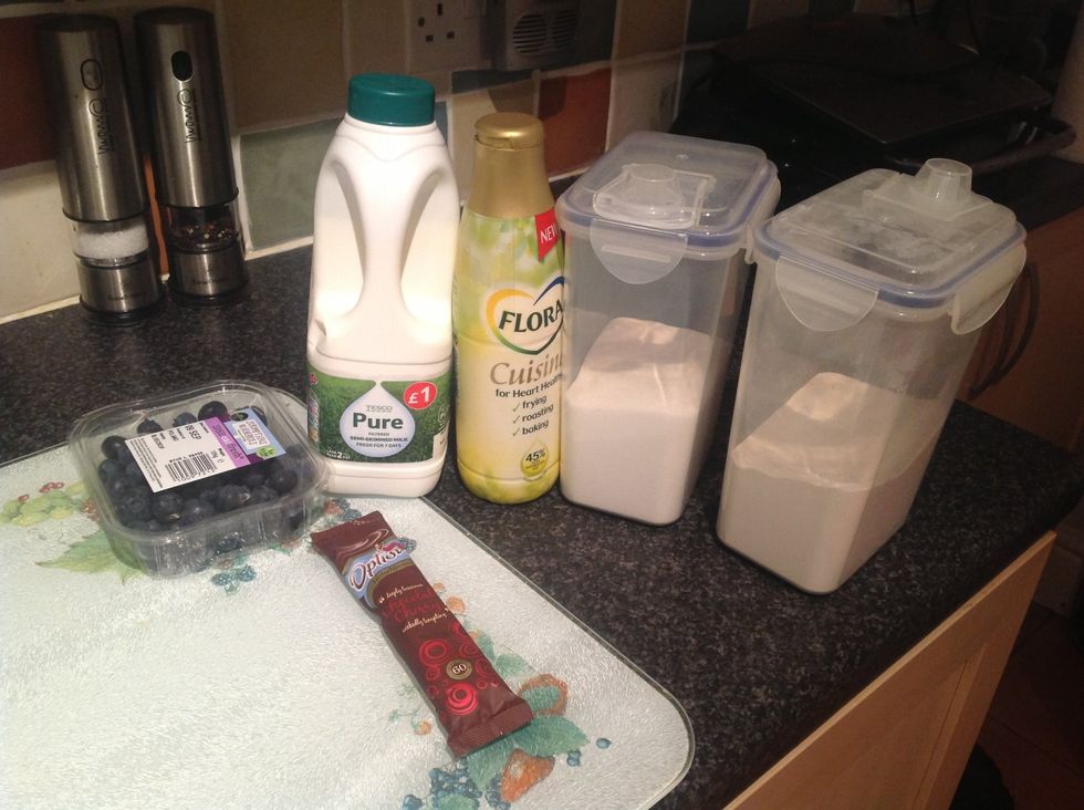 Gather your ingredients. I have no chocolate chips so am going to stick a few blueberries in! I am also using Options 'Chocolate Cherry' flavour. Forgot to put the EGG in this photo you need that!