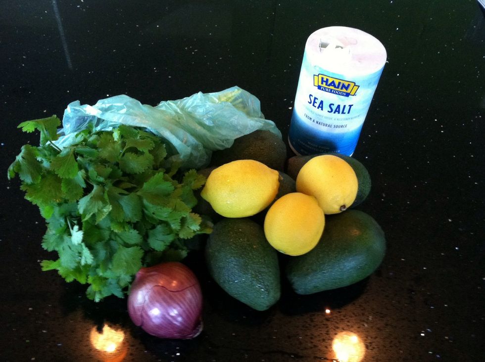 Gather your ingredients. I'm making a batch for a party, so I'm using 5 avocados. You can cut down the ingredients to make less. Just add them bit by bit & taste test as you go.