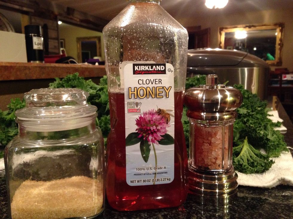 Gather your ingredients. I made 2 different batches. One with pink salt and raw sugar. One with honey and pink salt.