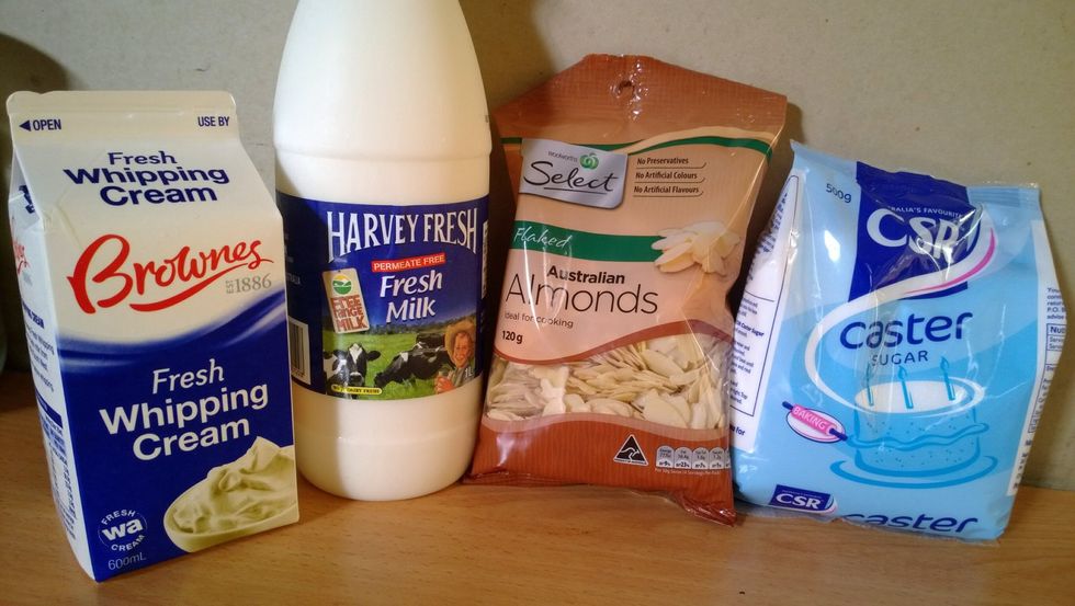 Gather your ingredients. I originally was going to add sliced, roasted almonds on top but I forgot. So it's up to you if you want to use them or not. I think with almonds it's more delicious.