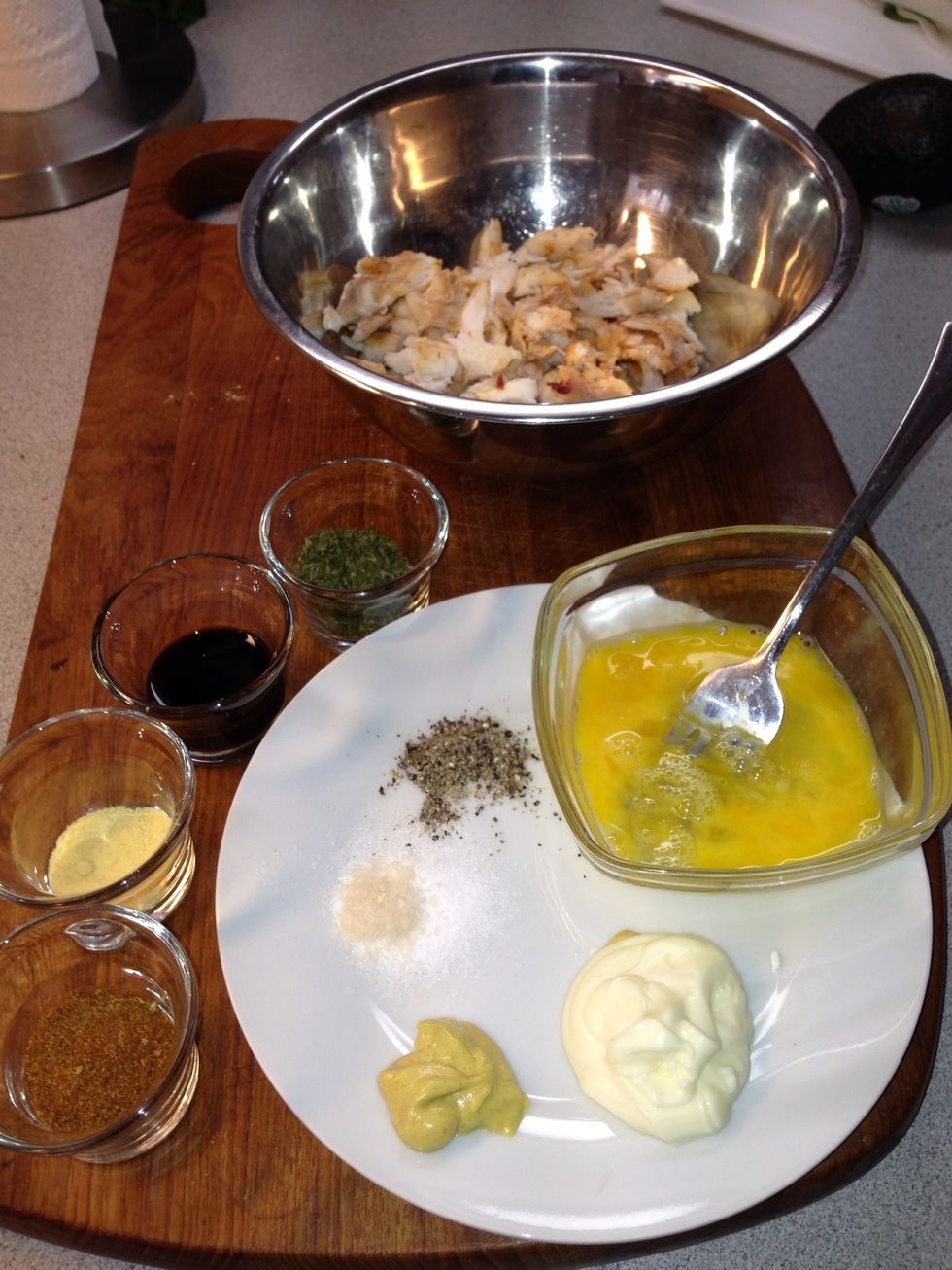 Gather your ingredients. If jumbo lump is too rich for your wallet any precooked white fish such as snapper, grouper or trigger can be substituted. Heat your oil in a sauce pan to 325 - 350