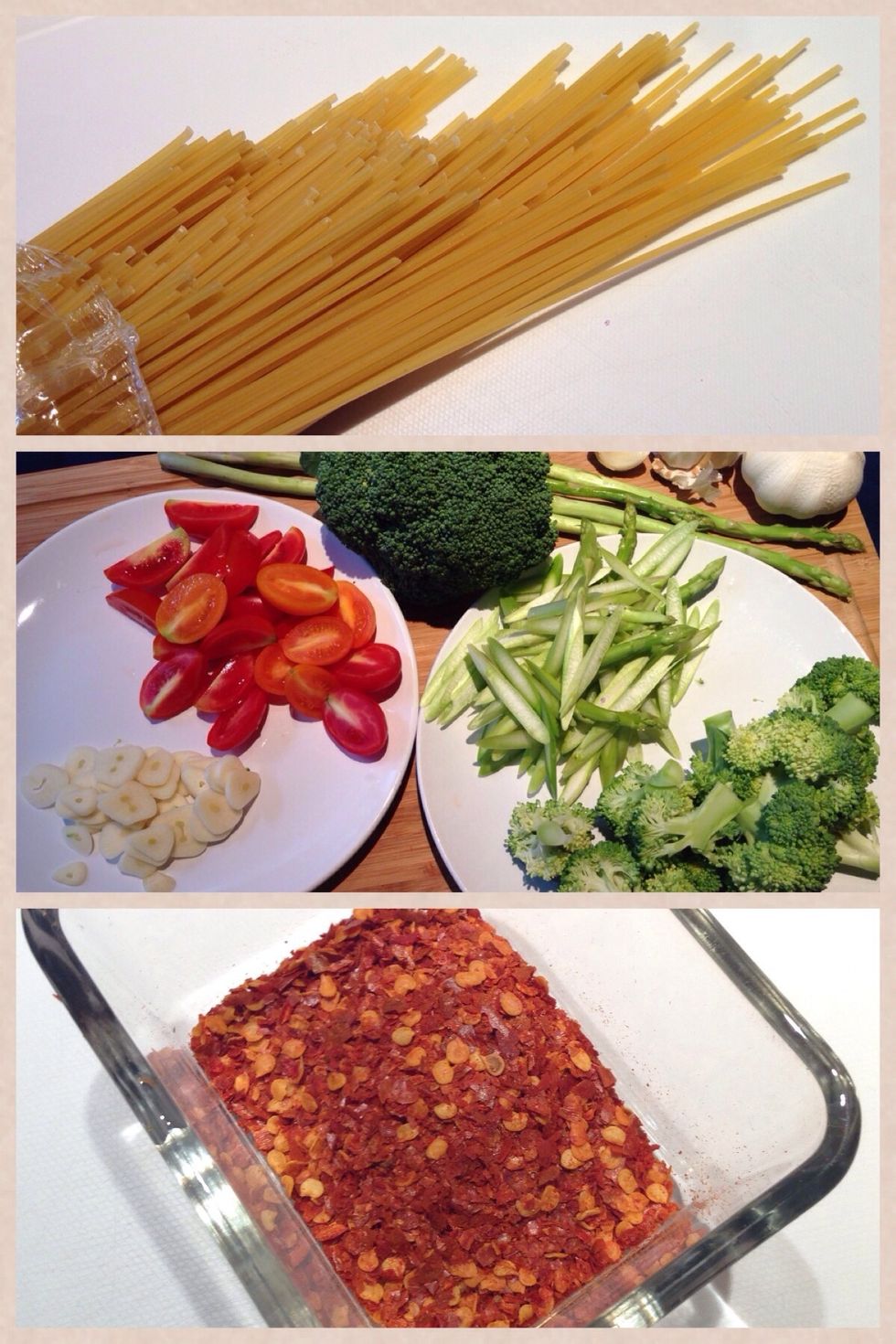Gather your ingredients. Julienne or slice the asparagus diagonally. Halve or quarter the tomatoes and broccoli in bite sizes. Slice the garlic. Measure your pasta. Set aside