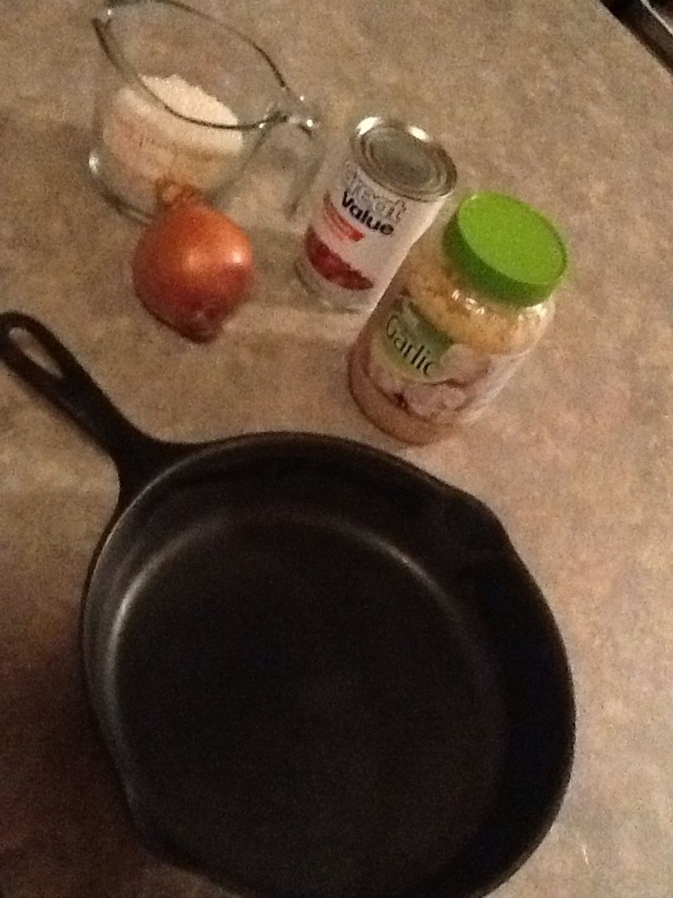 Gather your ingredients. *note: I like to use cast iron for this recipe but any pan will do. Turn your skillet to medium high heat and add 1tbsp of olive oil.