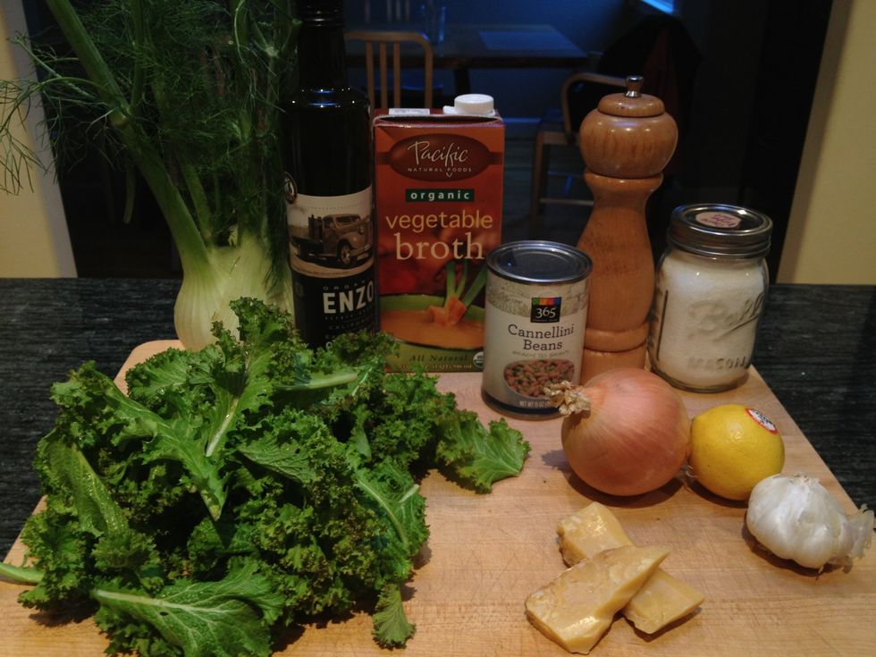 Gather your ingredients. Note that the smaller the mustard leaves the more tender, mild they are. I like to save Parmesan rinds in the freezer until I've recipe where I can use them, such as this one.