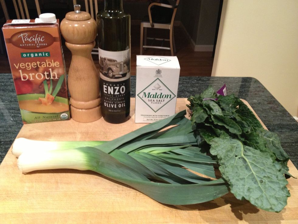 Gather your ingredients. The key to this recipe is using good quality EVOO and fresh, flavorful leeks and kale.