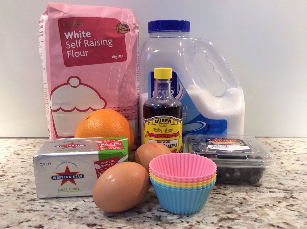 Gather your ingredients to make your blueberry cupcakes.