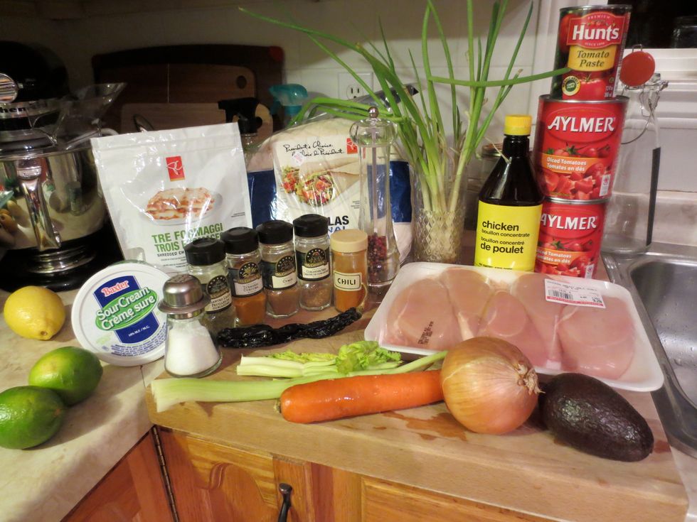 Gather your ingredients together. You'll also need two large pots and baking dishes. A sharp knife, mixing spoon, measuring cup and spoons, large bowl a ladle is helpful and a handheld blender.