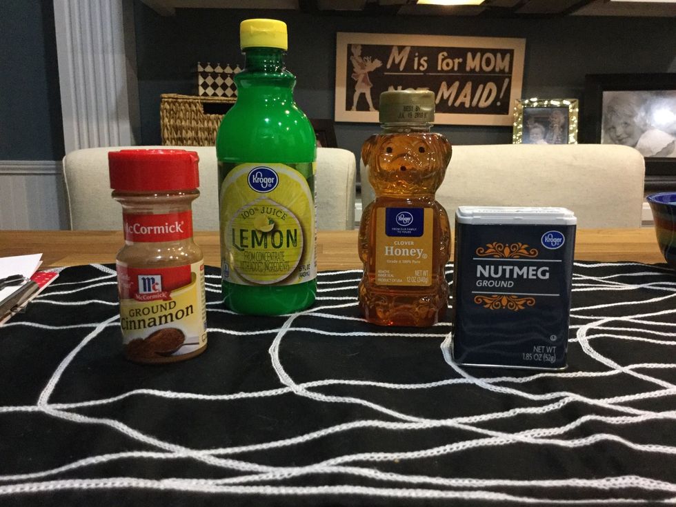 Gather your ingredients which will be cinnamon, honey, nutmeg, and lemon juice. Also grab any size bowl and some measuring cups.