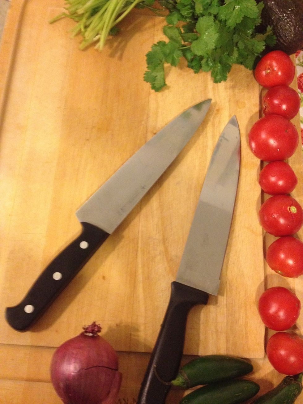 Gather  your ingredients. You can make this by throwing everything into a food processor or you can do it by hand, with a good knife. I use both methods but today I'm in a chopping mood.