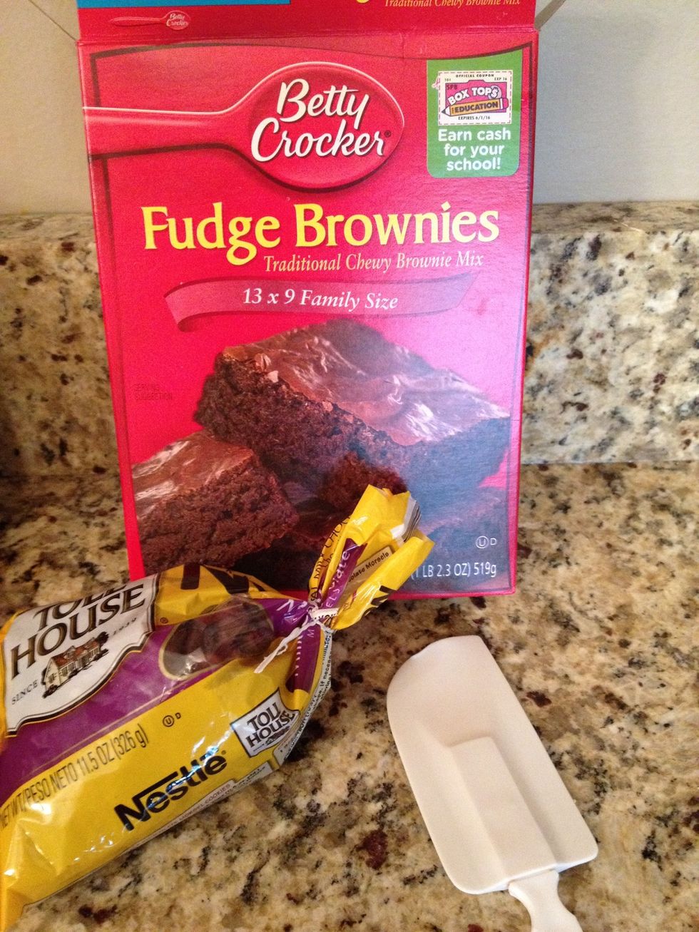 Gather your ingredients! You can use whatever brand of brownie mix you like, but this is what I had.