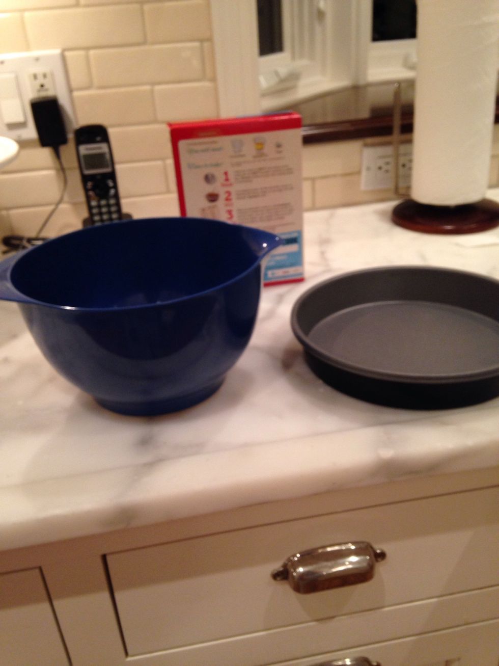 Gather your mix, cake pans and a bowl