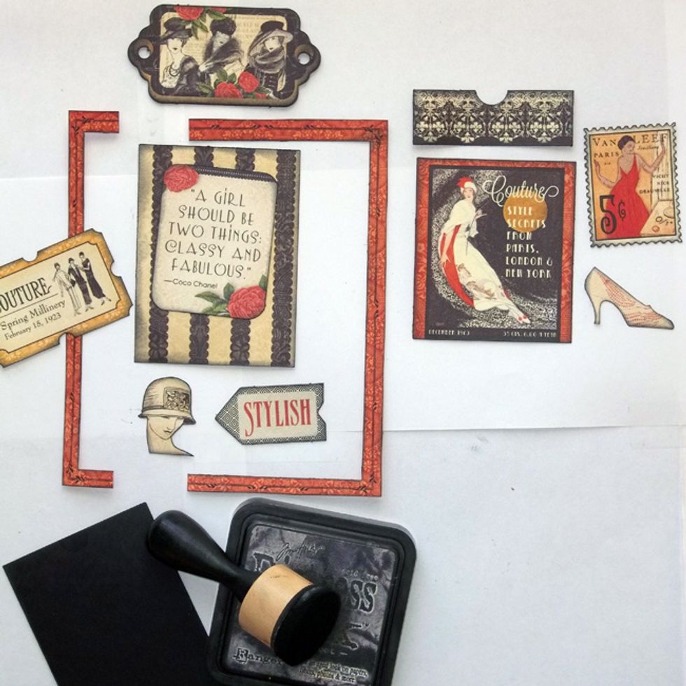 Gather your papers, tags, chipboard for each side of the pocket. I have used fussy-cuts from the 12x12 paper, tags and a chipboard piece. Ink the edges with Black Soot Distress Ink if you wish.