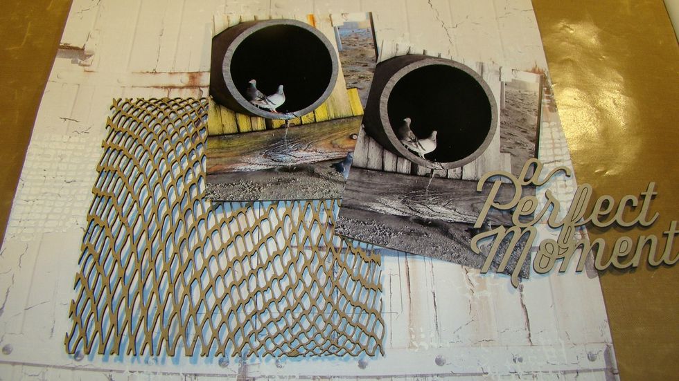 Gather your photos background paper and chipboard pieces