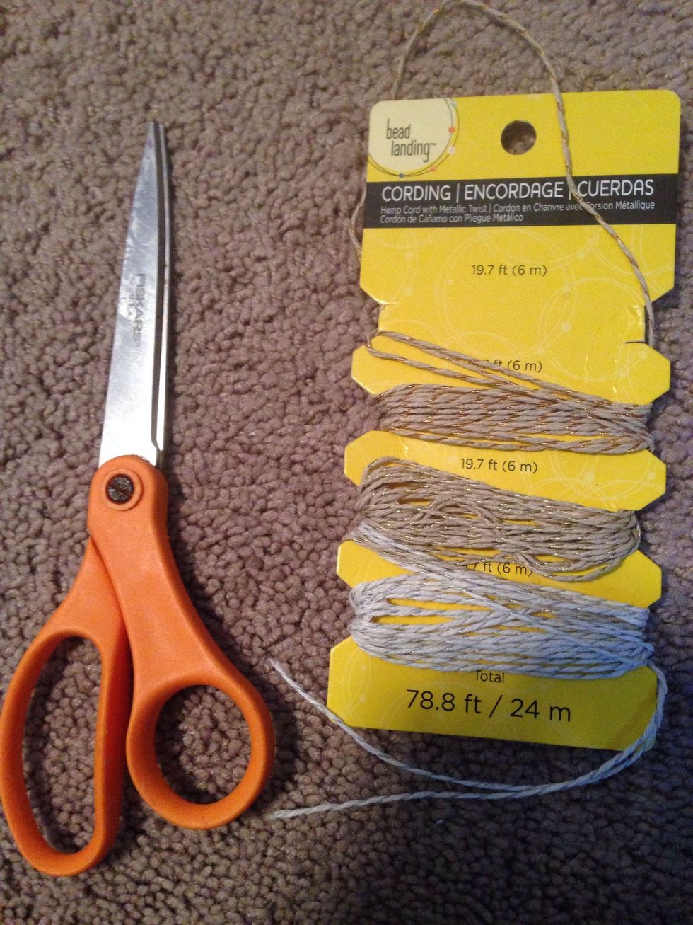 Gather your string, or hemp, and scissors. Cut about 2 ft of string.