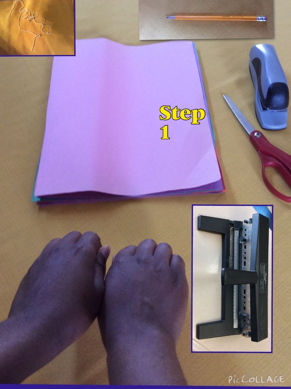 Gather your supplies:16 pieces of construction paper,hole punch,scissors,pencil,a pair of hands,and 40 inch  piece of string.