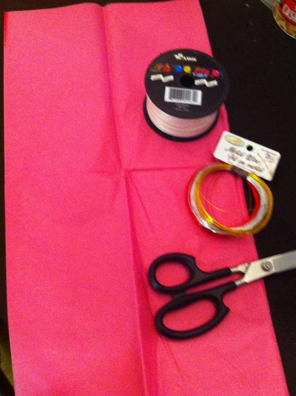 Gather your supplies-8-10 sheets of tissue paper, craft wire, ribbon and scissors
