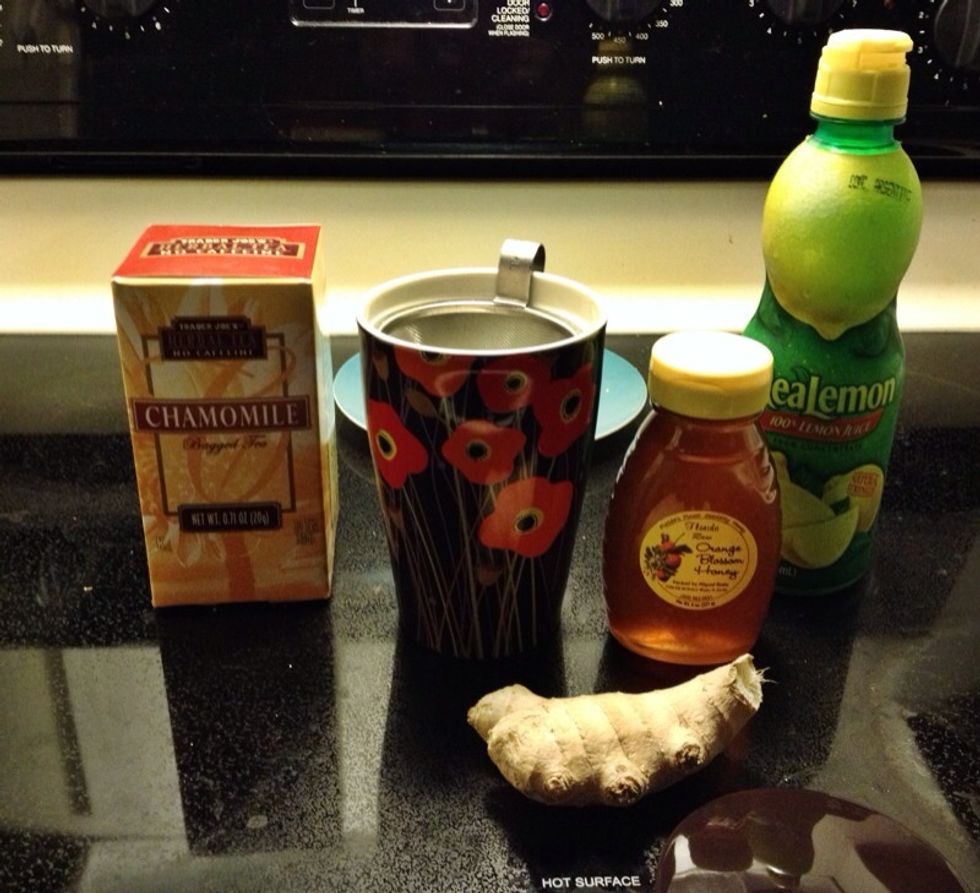 Gather your supplies. Chamomile is optional (you can use bags or loose buds). I like to use an infuser mug, but you can infuse straight in the water and before drinking.