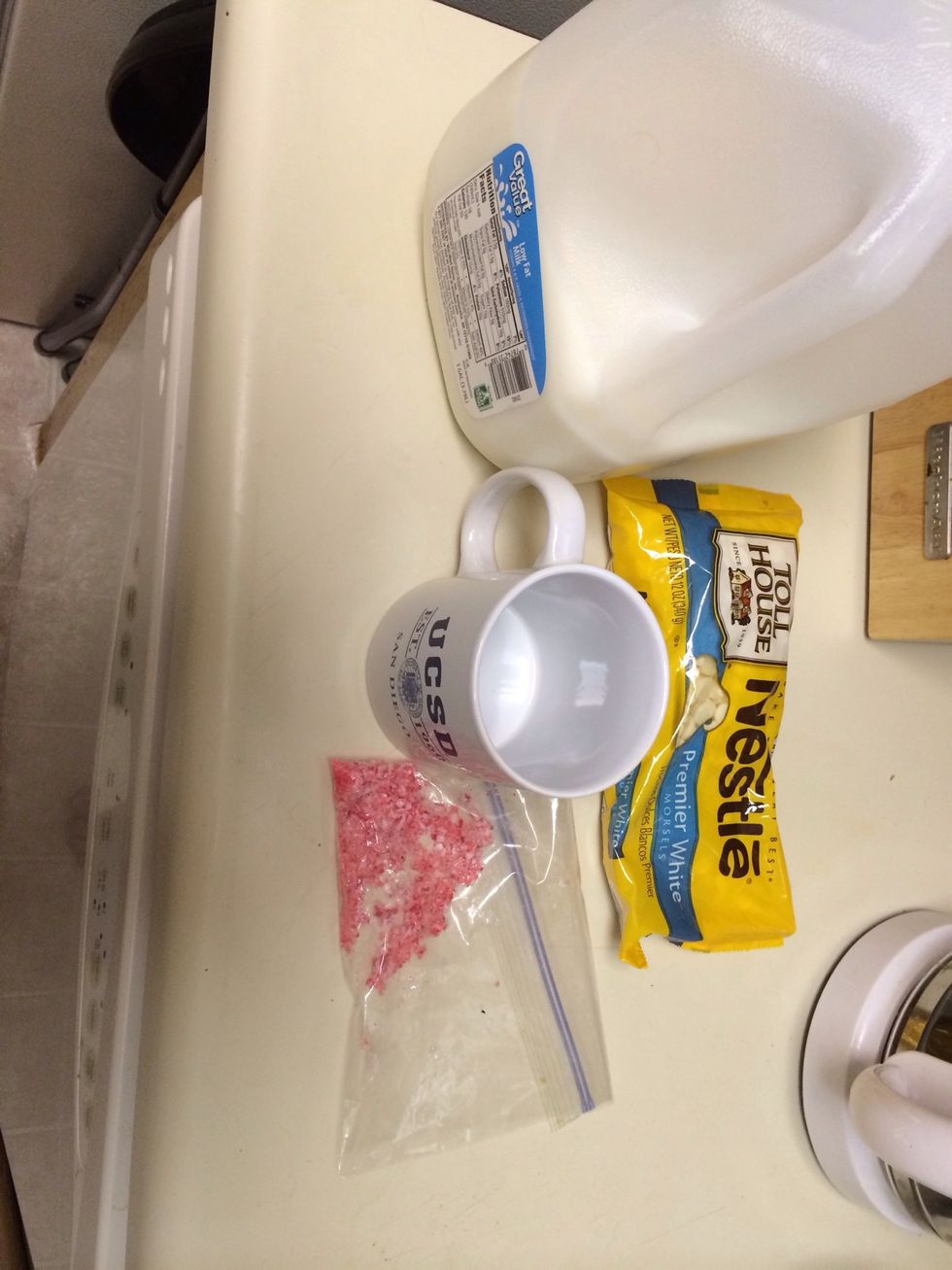 Gather your supplies! For the crushed peppermint candies I put a candy cane in a plastic baggy and I crushed it with a hammer! \u263a\ufe0f **I don't use actual measurements so just do what tastes good to you!