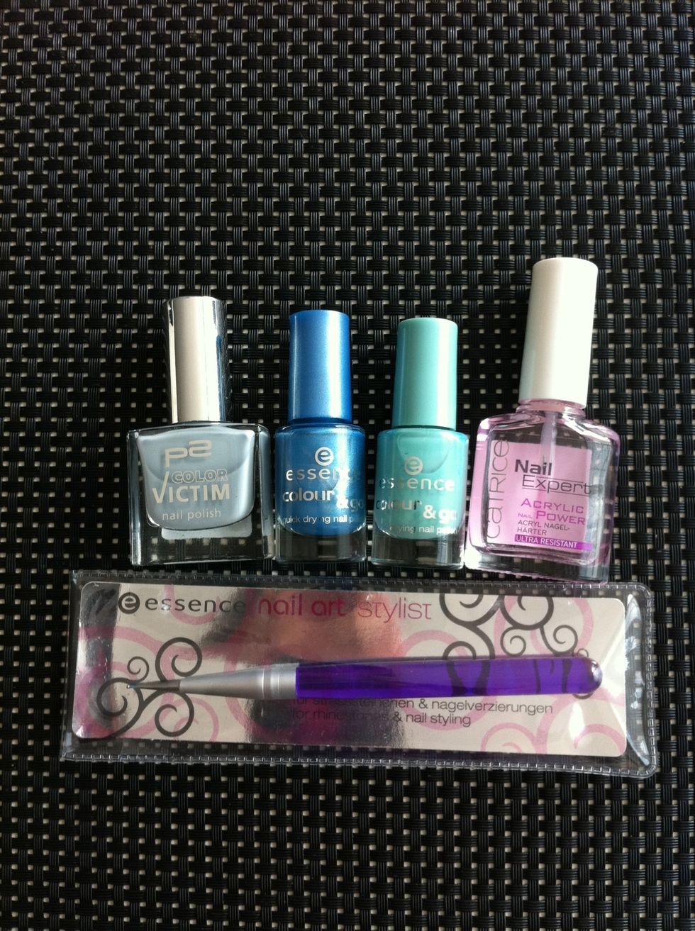 Gather your supplies. I am using: P2 #542 'arctic', Essence #75 'gleam in blue', Essence #53 'you belong to me', Catrice top coat and Essence dotter.