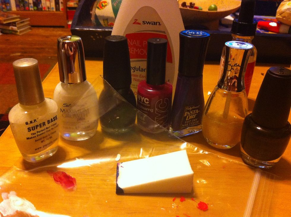 Gather your supplies. (I had already done the mani at this point, so my sponge is dirty.)