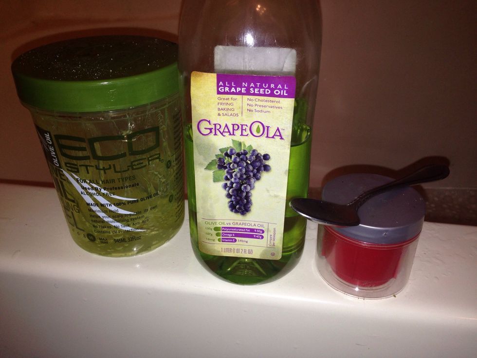 Gather your supplies, I'm using olive oil Eco styler gel, and grapeola grapeseed oil
