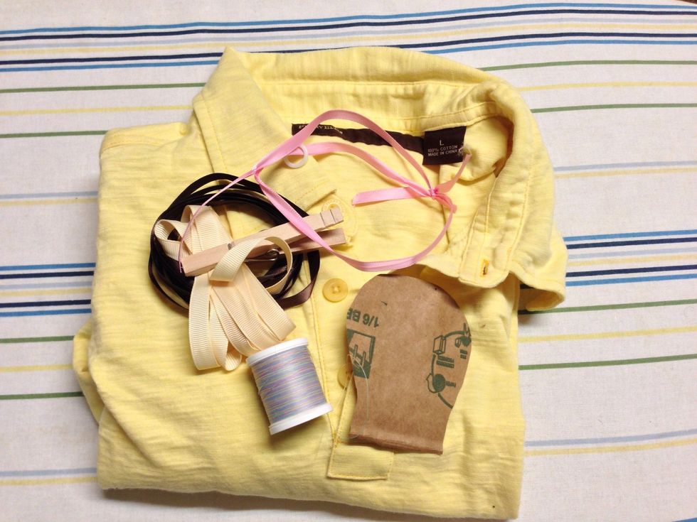Gather your supplies. I made a pattern using a bag from the store and one of hubby's old shirts.