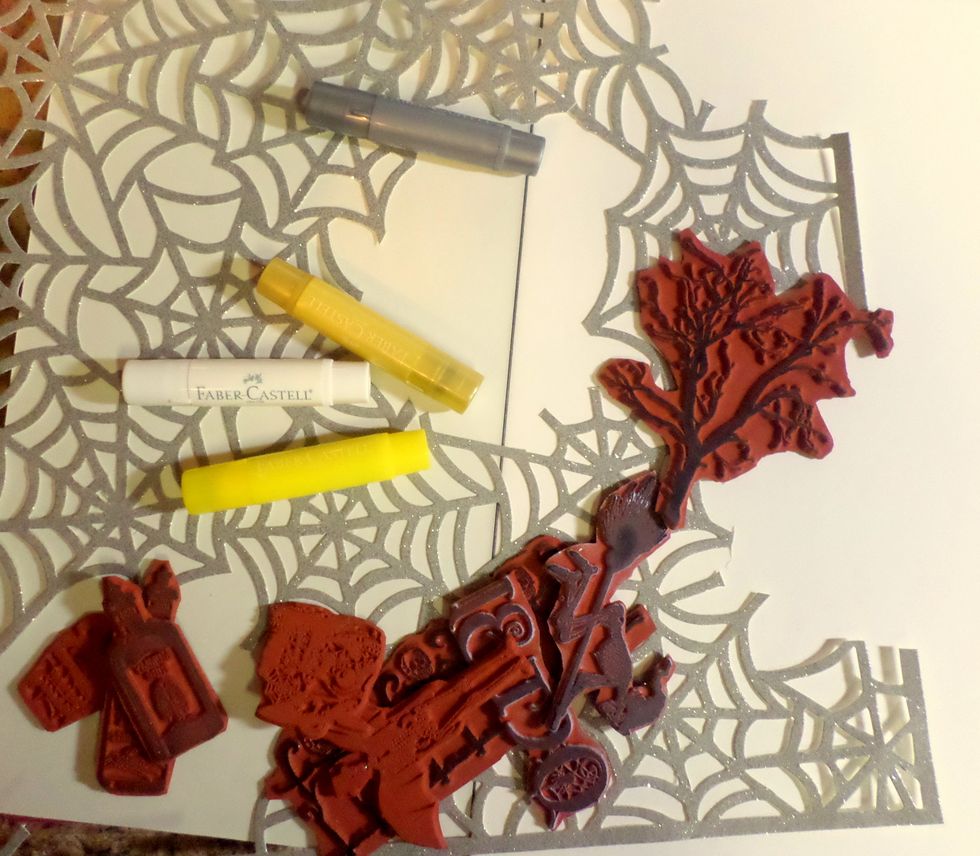 Gather your supplies. I started with my journal out, my stamps, my Gelatos and a piece of spiderweb paper.