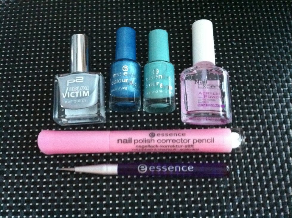 Gather your supplies. I used: P2 #542 'arctic', Essence #75 'gleam in blue', Essence #53 'you belong to me', Catrice top coat, Essence dotter and Essence nail polish corrector pencil.
