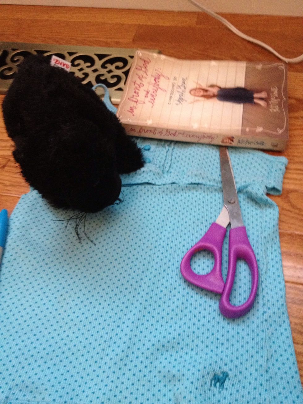Gather your supplies, if you are making a pillow for yourself, you will need a larger shirt. This one is for my dolls!