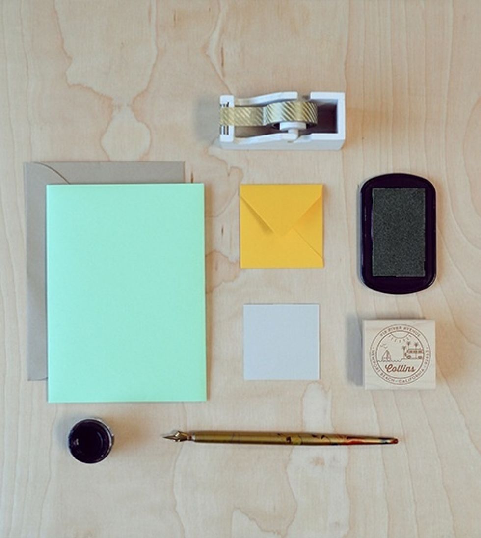 Gather your supplies. *Online Reference: /// Stamp: www.LushPrints.com // /Ink pad: Colorbox /// Paper: www.Paper-presentation.com /// Everything else: local craft store