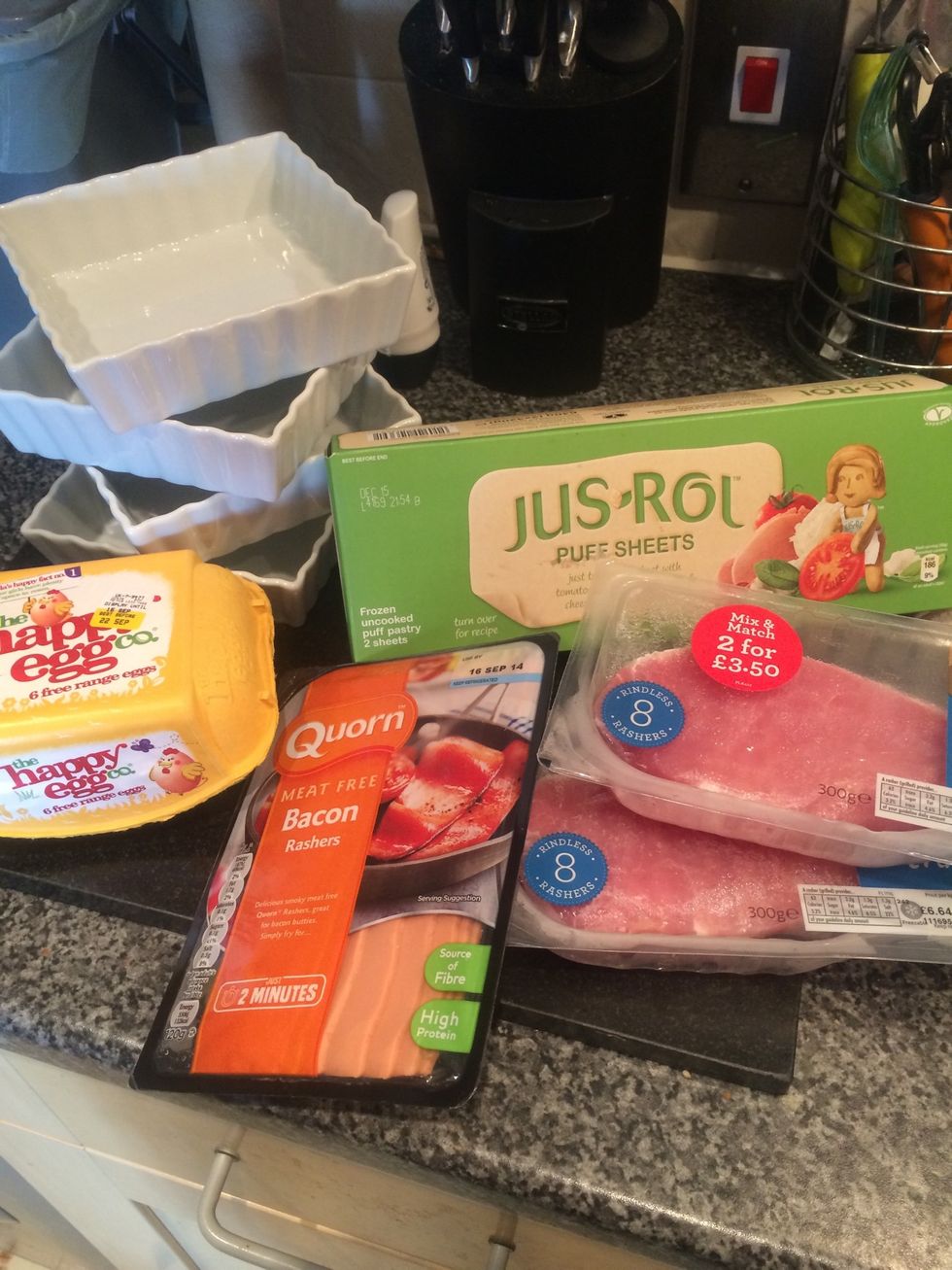 Gather your supplies, put your headphones on and start some music! I'm using ready made pastry for ease, and I'll make one pie with quorn bacon as my fianc\u00e9 is a vegetarian.