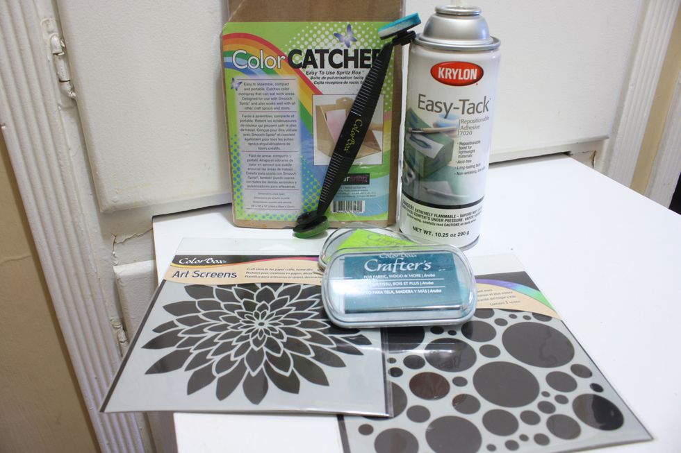 Gather your supplies- The Color Catcher is a Clearsnap product to use sprays in, great for this project of you can't go outside! See My Blog at inmyblueroomdesigns.blogspot.com for the full story :)