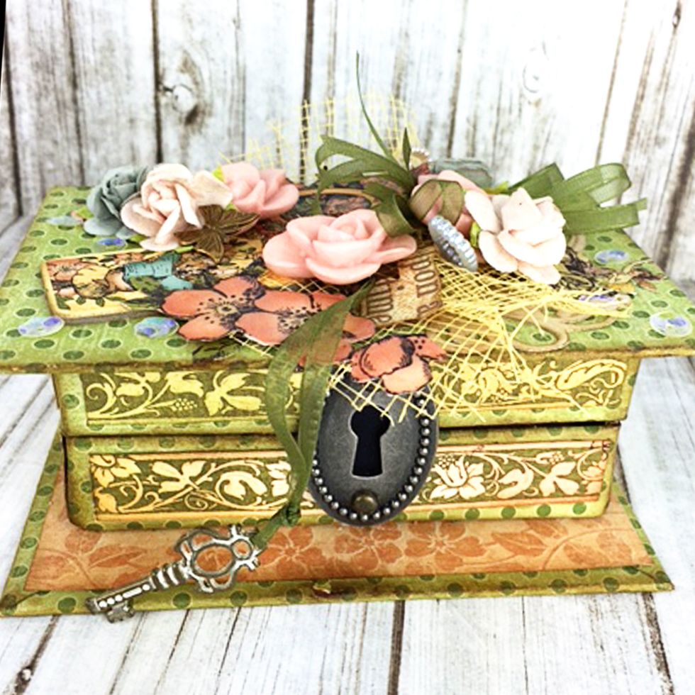 Gather your supplies to create this gorgeous Mini Trunk Book Album!  You can use assorted trims and elements from your stash to make yours uniquely your own.