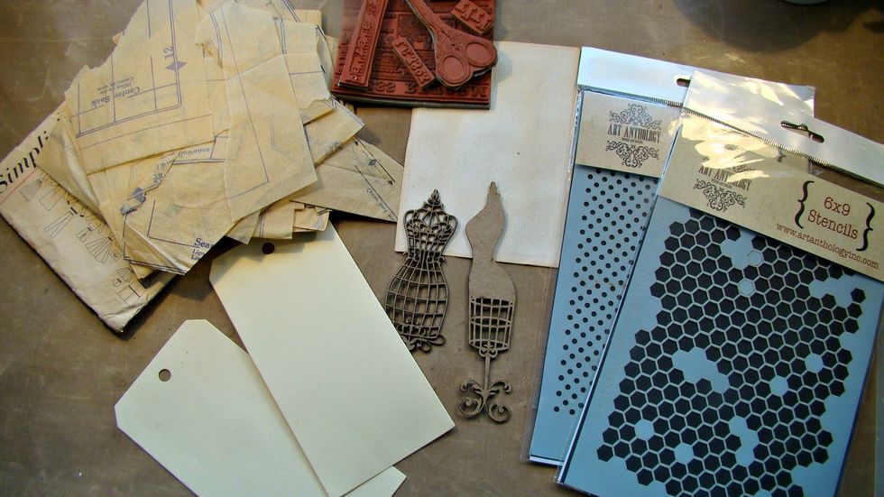 Gather your supplies to start... I decided not to use the chipboard dress forms and instead used wooden pieces that I altered for the tags.