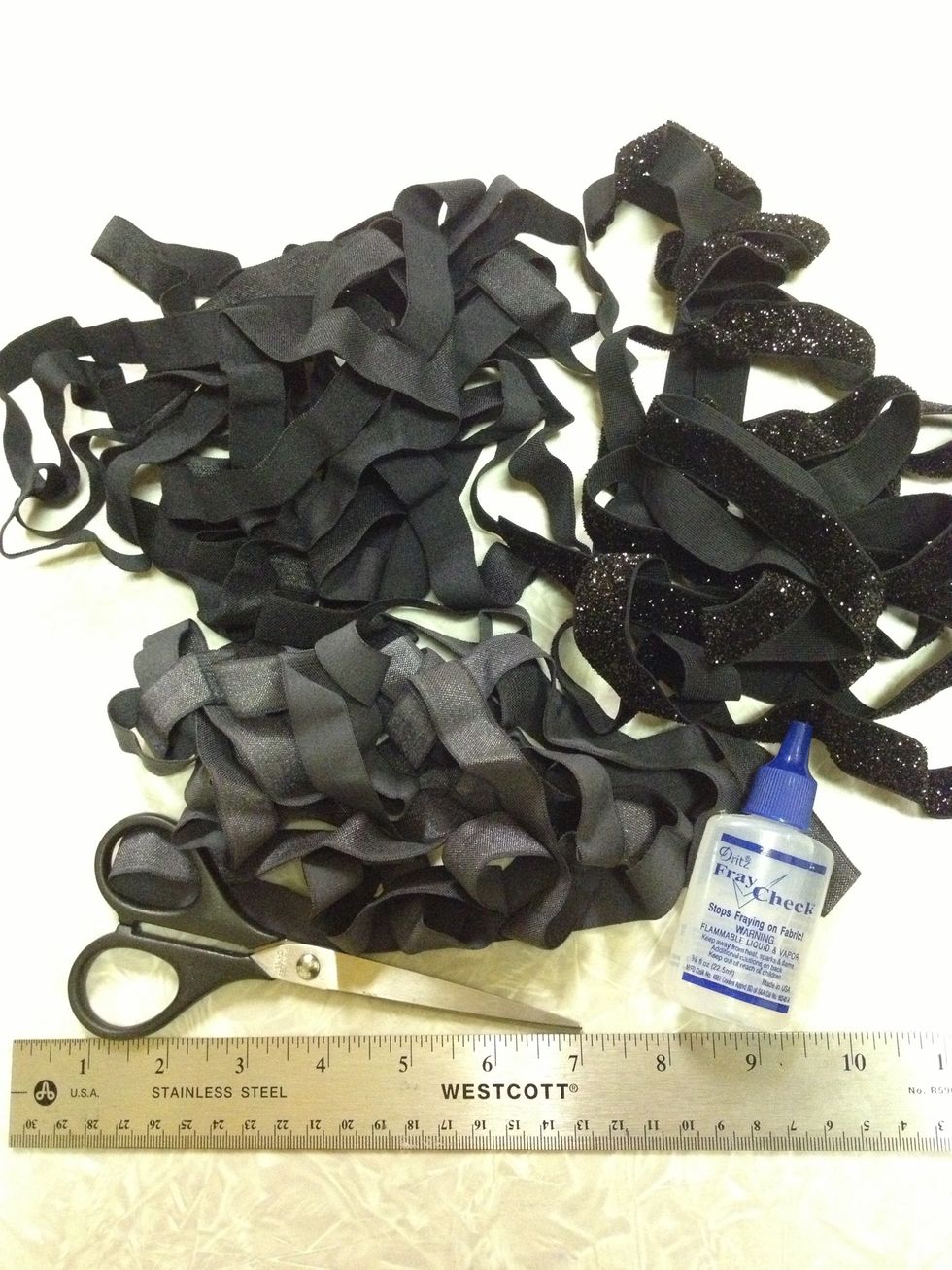 Gather your supplies together. You can purchase foldover elastic and fray check at Michaels. However the elastic is much cheaper at the Fabric District in LA ($.25-$.50 per yard).