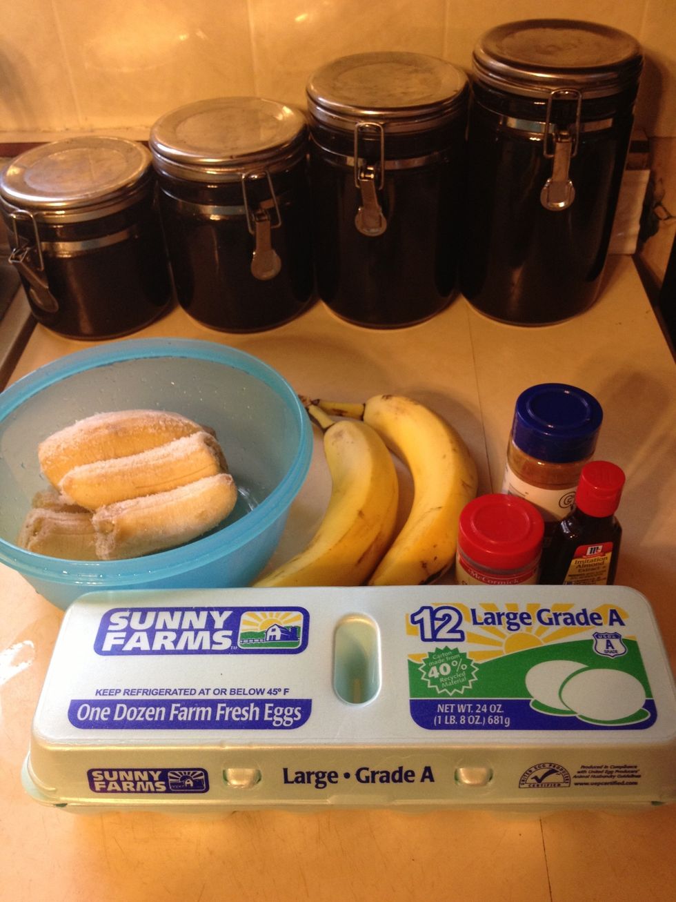 Gather your supplies. You can easily make these with JUST bananas and eggs. They are delicious that way but I also like to add some extract and spices.