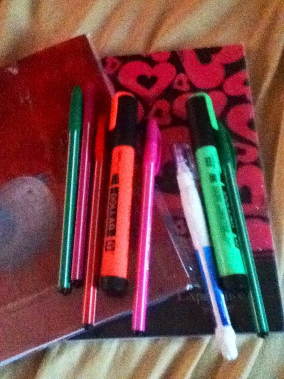 Gather your supplies!! You will need: Colored pens ,Black & Blue pens ,Notebooks ,Corrector pen ,Highlighters ,Mechanical pencil or an ordinary pencil ,Sharpener ,Eraser ,Binder....etc